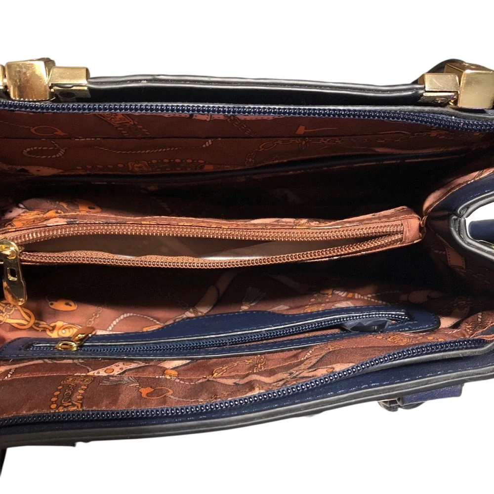 LA‎ TERRE FASHIONS N.W.T. Navy Blue Croc-Embossed Satchel/Gold Accents.Elegant